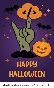 Mão de zumbi surgindo do chão com uma nuvem de símbolos de programação acima. Ilustração de Halloween com abóbora, morcegos e texto de "Feliz Halloween" no fundo roxo escuro. Tema assustador.