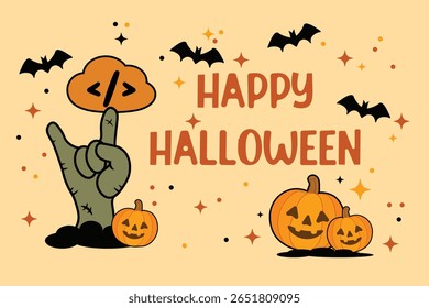 Zombie hand rising from the ground with a cloud of programming symbols above. Halloween illustration with pumpkin, bats, and “Happy Halloween” text on orange vertical background. Tech spooky theme.