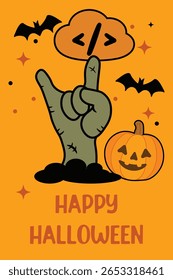 Zombie hand rising from the ground with a cloud of programming symbols above. Halloween illustration with pumpkin, bats, and “Happy Halloween” text on orange background. Tech spooky theme.