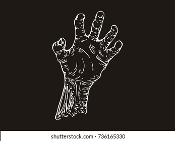 zombie hand rising from the ground and torn apart. lifelike depiction of the rotting flash with ragged skin and cracked nails.