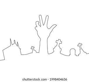 Zombie hand rising out from a grave, One single continuous line on white background illustration vector.