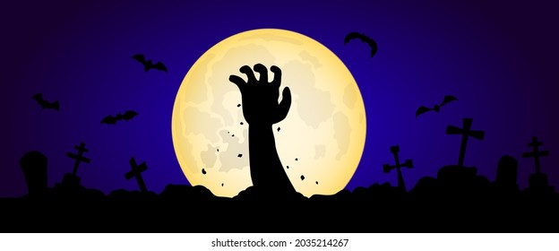 Zombie hand rising out of the grave in night with full moon. Halloween concert.