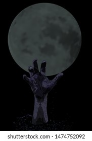 Zombie hand rising out from the ground on the background of the full moon. Element design for Halloween on black background. Vector illustration.