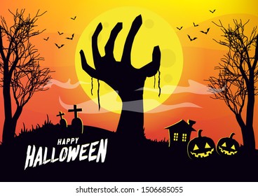 Zombie hand rising out from the ground in full moon night. Happy Halloween concept.