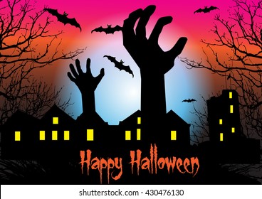 Zombie hand rising out from the ground.Halloween night with haunted house and bats background.