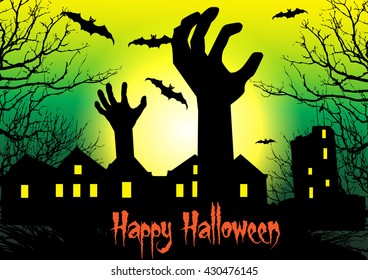 Zombie hand rising out from the ground.Halloween night with haunted house and bats background.
