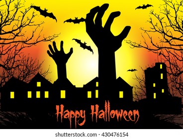 Zombie hand rising out from the ground.Halloween night with haunted house and bats background.