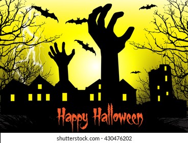 Zombie hand rising out from the ground.Halloween night with haunted house and bats background.