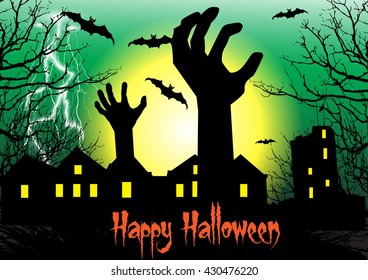 Zombie hand rising out from the ground.Halloween night with haunted house and bats background.
