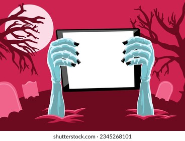 Zombie Hand Rising Out Holding Tablet in Graveyard, Vector Illustration