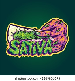 Zombie hand rolling cannabis with sativa lettering vector illustrations for your work logo, merchandise t-shirt, stickers and label designs, poster, greeting cards advertising business company brands