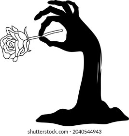 Zombie hand with rose. Happy halloween concept. Vector illustration.