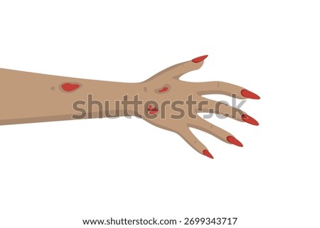 Zombie Hand with Scratches and Long Nails, Vector Illustration. Creepy Halloween Zombie Hand. Scary Undead Arm for Horror Design, Costume Party, Poster, Halloween Decor