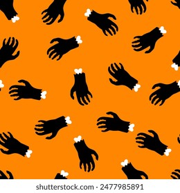 Patrón sin costuras de la mano zombi. Estampado de Halloween con mano y hueso zombi espeluznante para el Fondo de pantalla, envoltura, decoración de vacaciones, telón de fondo, tela.