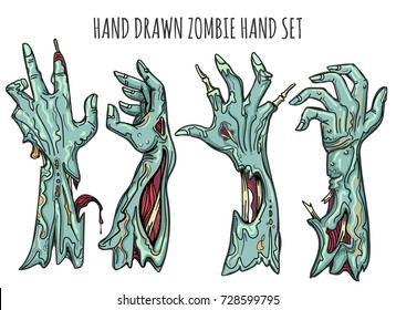 Zombie Hand Set Isolated On White Background. Grab Reaching Zombies Arms With Blood And Decay Vector Illustration