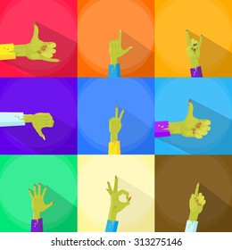 Zombie Hand Show Finger Gesture Set Collection Flat Vector Illustration