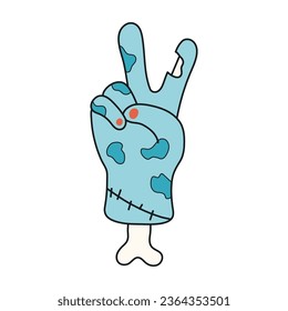Zombie hand showing V sign Halloween cartoon character illustration. Hand drawn kawaii style line art design, isolated vector. Kids seasonal print element, trick or treat, autumn holiday party