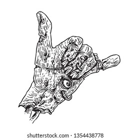 zombie hand shows friendly chill out sign hand drawn sketch line art illustration black and white