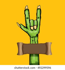 Zombie hand shows rock n roll gesture, hand drawn vector illustration. Zombie party halloween background