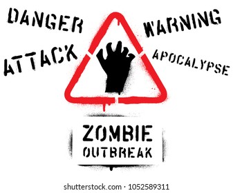 Zombie hand sign and quotes: ''Danger'', ''Attack'', ''Warning'', ''Apocalypse''. Spray paint graffiti stencil.