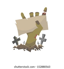 Zombie hand with a signboard. Halloween backgrounds, vector illustration
