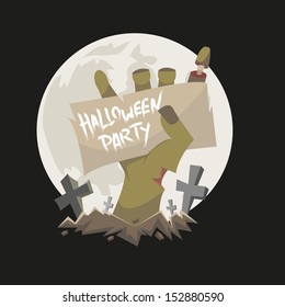 Zombie hand with a signboard. Halloween backgrounds, vector illustration