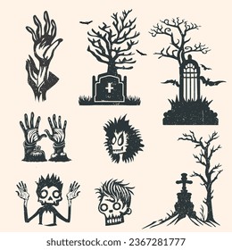 Silueta de la mano zombi. Adorables dedos zombie torcido saliendo del suelo, cementerio, tumbas ilustraciones vectoriales set. Vector de manos zombi sobre fondo blanco