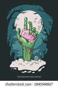 Zombie hand with soap sticking out of foam with graveyard in the background. Halloween during coronavirus pandemic poster design. - Vector illustration