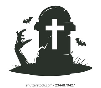 Zombie hand sticking out from grave. Halloween tombstone with monster scrawny hand, horror gravestone silhouette flat cartoon vector illustration