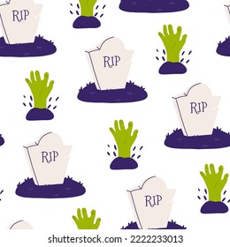 Zombie hand sticking out of the ground at graveyard, seamless pattern - cartoon flat vector illustration. Halloween themed background with zombie arm, cemetery and tomb.