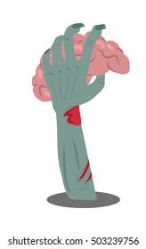 Zombie hand sticking out of the ground with brains flat vector illustration isolated on white. Hungry living dead with fresh human flesh. Humorous concept for halloween greeting card, party decoration