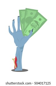 Zombie Hand Sticking Out Of The Ground With Dollar Bills Flat Vector Illustration Isolated On White. Living Dead Ready To Spend Money. Humorous Concept Of Human Mass Consumerism, Halloween Party Decor