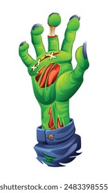 Zombie hand with stitches and a severed finger. Vector cartoon illustration