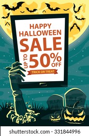 Zombie hand with tablet for your promotion. Halloween background design template layout in A4 size for brochure, flyer, poster, banner, web. Vector illustration