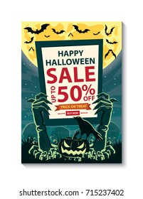 Zombie hand with tablet for your promotion. Halloween background design template layout in A4 size for brochure, flyer, poster, banner, web. Vector illustration.