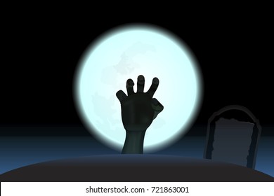 Zombie hand through from arid land night sky halloween,vector,illustration.