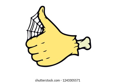 Zombie hand thumb finger with a bone on white background 