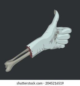 Mano zombie con gesto de pulgar hacia arriba y hueso hacia afuera