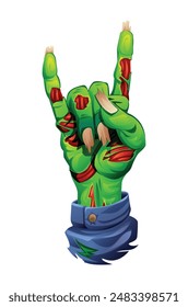 Zombie hand with torn skin making a rock sign. Vector cartoon illustration