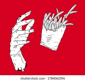 Zombie hand try to grab fast food french fries concept illustration, cute and fun mono black and white doodle style t shirt, logo, symbol vector design