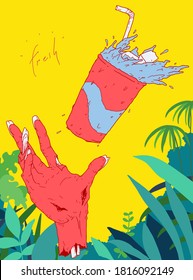 Zombie hand try to grab soda beverage cup and tropical plants, tropic fresh concept illustration, cute and fun doodle style illustration design