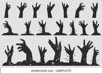 Zombie hands black silhouette. Vector Halloween icons set isolated on a transparent background.
