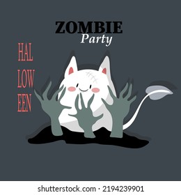 Zombie hands climb out of the ground and a monster between them. For the Halloween holiday, postcards, cards, banners, stickers, posters, prints on clothes, decoration of cafes, shops.