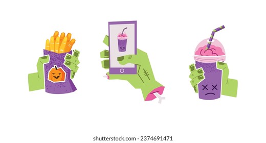 Zombie hands with cookies, phone and drink. Scary Halloween food. A set of stickers. Dish for Halloween, weird food.