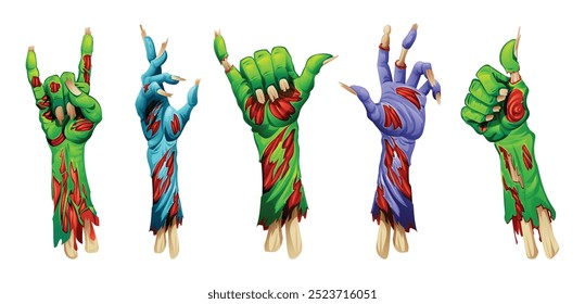 Zombie hands with exposed bones, showing different horror poses. Vector cartoon illustration