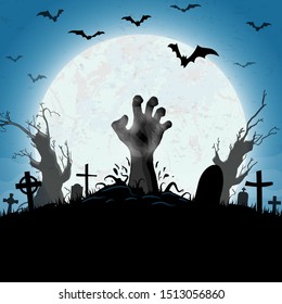 zombie hands in front of full moon with scary illustrated elements for Halloween background layouts