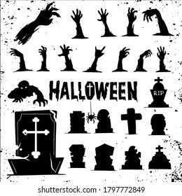 Zombie hands and Graveyard silhouettes.  Illustrations template. Vector design