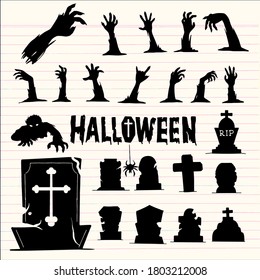 Zombie hands and Graveyard silhouettes.  Illustrations template. Vector design