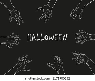Zombie hands Halloween backgrounds. Hand drawn vector illustration.