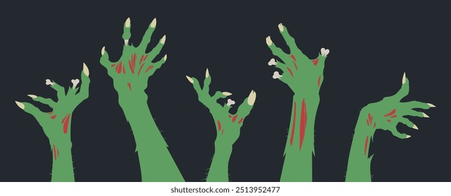 Manos zombi. Monstruos de Halloween brazos huesudos escuálidos, extremidades zombi de horror conjunto de Ilustración vectorial plana. Halloween espeluznante vivo muerto manos espeluznantes